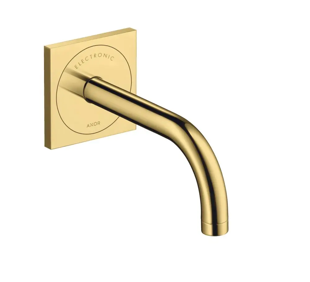 Wandmontierter Wasserhahn mit einem gebogenen Auslauf in glänzendem Gold, ausgestattet mit einer elektronischen Steuerung, hergestellt von AXOR.